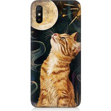 Xiaomi Redmi 9A Uyumlu Aya Bakan Meraklı Kedi  Desenli Silikon Kılıf