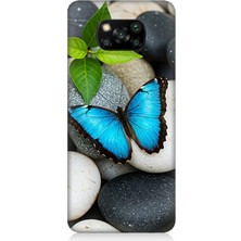 Xiaomi Poco X3 Uyumlu Mavilikte Taş Üzerinde Kelebek  Desenli Silikon Kılıf