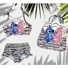 Kız Çocuk Karakter Baskılı Eteği Fırfırlı- Ip Bağlamalı Çanta Mayo Bikini 3 Lü Takım
