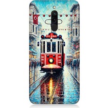 Xiaomi Redmi 8 Uyumlu Yağmurlu Sokakta Kırmızı Tramvay  Desenli Silikon Kılıf