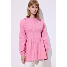 Beli Pile Detaylı Uzun Kol Bluz Pembe
