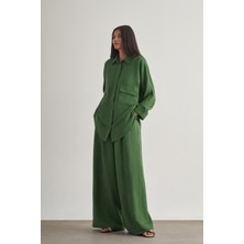 Mizalle  Keten Dokulu Beli Lastikli Haki Bol Kesim Pantolon