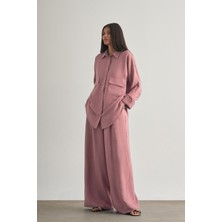 Mizalle  Keten Dokulu Beli Lastikli Pudra Pembe Bol Kesim Pantolon
