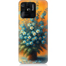 Teknomeg Xiaomi Redmi 10C Uyumlu Turuncuda Mavi Çiçekler  Desenli Silikon Kılıf