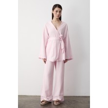 Pembe Pamuklu Kimono Bol Paça Pantolon Takım