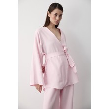 Pembe Pamuklu Kimono Bol Paça Pantolon Takım
