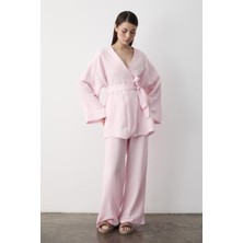 Pembe Pamuklu Kimono Bol Paça Pantolon Takım