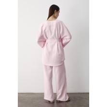 Pembe Pamuklu Kimono Bol Paça Pantolon Takım