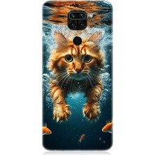 Teknomeg Xiaomi Redmi Note 9 Uyumlu Suda Yüzen Kedi  Desenli Silikon Kılıf