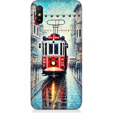 Teknomeg Xiaomi Redmi 9A Uyumlu Yağmurlu Sokakta Kırmızı Tramvay  Desenli Silikon Kılıf