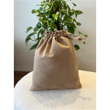 Bej Keten Bez Kese, Büzgülü Çanta, Içi Düzenleyici, Makyaj Çantası, 20X25