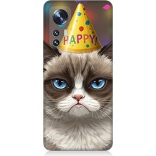 Teknomeg Xiaomi Mi 12 Uyumlu Doğum Günlü Somurtkan Kedi  Desenli Silikon Kılıf