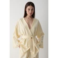 Sarı Pamuklu Kimono Bol Paça Pantolon Takım
