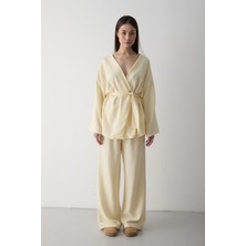 Sarı Pamuklu Kimono Bol Paça Pantolon Takım