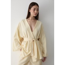 Sarı Pamuklu Kimono Bol Paça Pantolon Takım