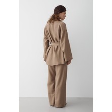 Sütlü Kahve Pamuklu Kimono Bol Paça Pantolon Takım