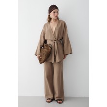 Sütlü Kahve Pamuklu Kimono Bol Paça Pantolon Takım