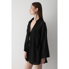 Siyah %100 Pamuk Keten Bağcık Detaylı Kimono Bluz