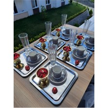 4+ Paslanmaz Çelik Kare 6lı Aksesuarsız Çay Kahve Sunum Tepsisi Paslanmaz Çelik 21 x 21 Gümüş