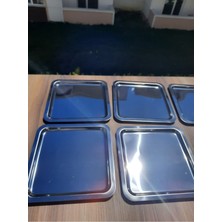 4+ Paslanmaz Çelik Kare 6lı Aksesuarsız Çay Kahve Sunum Tepsisi Paslanmaz Çelik 21 x 21 Gümüş