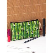 Yeşil Bambu Desenli Fermuarlı Orta Boy Makyaj ve Kalem Çantası 12X20CM