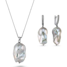 Gri Barok Doğal Inci Kolye Küpe Ikili Set