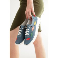 Aryan Mavi Hakiki Deri Yazlık Delikli Babet Anatomiye Uygun Spor Ayakkabı