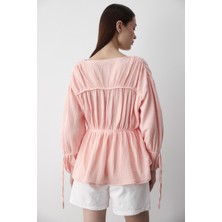 Pembe %100 Pamuk Kolu Lastikli Müslin Gömlek