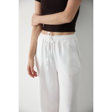 Laluvia Beyaz Beli Lastikli Pamuklu Keten Pantolon