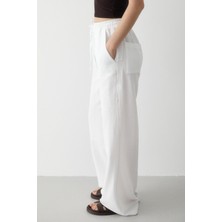 Laluvia Beyaz Beli Lastikli Pamuklu Keten Pantolon