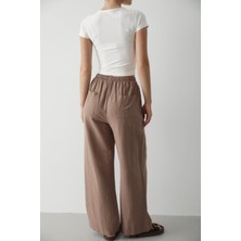 Vizon Beli Lastikli Pamuklu Keten Pantolon
