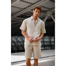 Krem Renk Keten Görünümlü Müslin Yazlık Takım - Gömlek ve Şort Erkek Takım