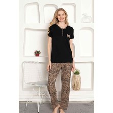 Monox Kadın Leopar Baskı Kısa Kol Uzun Alt Pijama Takımı