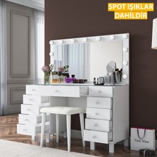 Rani BJ163 Hollywood Işıklı Aynalı Kulis Makyaj Masası Cam Tablalı 11 Çekmeceli Takı Düzenleyici Puf Takım Beyaz