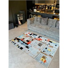 Barcelona Koleksiyonu Mavi Tonlarda Soyut Kare Geometrik Desenli Modern Dekoratif Halı 59