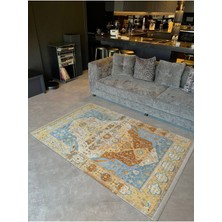 Barcelona Koleksiyonu Bej Mavi Temalı Geleneksel Motif Desenli Vintage Dekoratif Halı 19