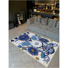 Barcelona Koleksiyonu Mavi Bej Tonlarda Floral Çiçek Desenli Modern Dekoratif Halı 07