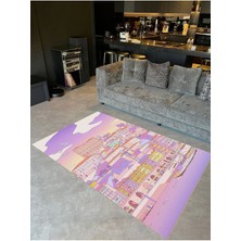 Buse Koleksiyonu Pembe Lila Tonlu Manzara Desenli Dokuma Taban Modern Dekoratif Halı BUSE29