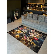 Buse Koleksiyonu Koyu Tonlarda Renkli Çiçekler Temalı Dokuma Taban Modern Dekoratif Halı BUSE12