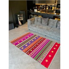 Barcelona Koleksiyonu Mor ve Kırmızı Tonlarda Şerit ve Yıldız Desenli Vintage Dekoratif Halı 58