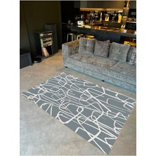 Buse Koleksiyonu Gri Beyaz Soyut Şekiller Detaylı Dokuma Taban Modern  Dekoratif Halı BUSE39