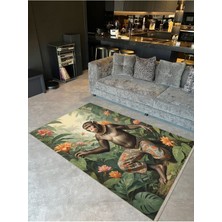 Buse Koleksiyonu Orman Temalı Çiçekler ve Maymun Detaylı Dokuma Taban Modern Dekoratif Halı BUSE38