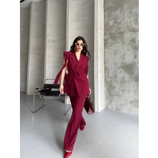 Kadın Alt Üst Ikili Takım Omuz Detaylı Kemerli Kolsuz Blazer Ceket Pantolon Takım