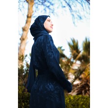Harika Wear Lacivert Modern Desenli Ipek Kemerli Elbise