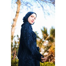 Harika Wear Lacivert Modern Desenli Ipek Kemerli Elbise