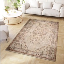 Cansu Koleksiyonu Eskitme Görünümlü Bej Kahverengi Desenli Dokuma Taban Dekoratif Halı CANSU49