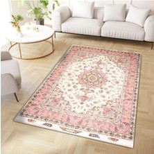 Cansu Koleksiyonu Bej Pembe Çiçek Desenli Dokuma Taban Modern Dekoratif Halı CANSU26