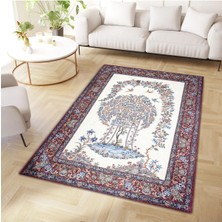 Cansu Koleksiyonu Mavi Bordo Bordür Detaylı Çiçek ve Kuş Desenli Dokuma Taban Dekoratif Halı CANSU19