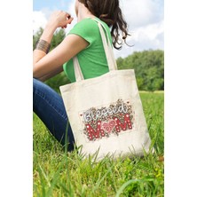 Blessed Mom Baskılı Anneler Günü Hediyelik Bej %100 Pamuklu Ham Bez Bej Çanta