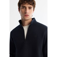 Erkek Lacivert Dik Yaka Fermuarlı 3 İplik Şardonlu Sweatshirt E001020
